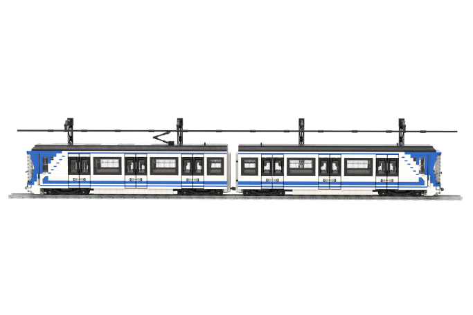 CAF serie 2000 (2 módulos) - II Tren eléctrico moderno de color azul y blanco en perspectiva lateral.