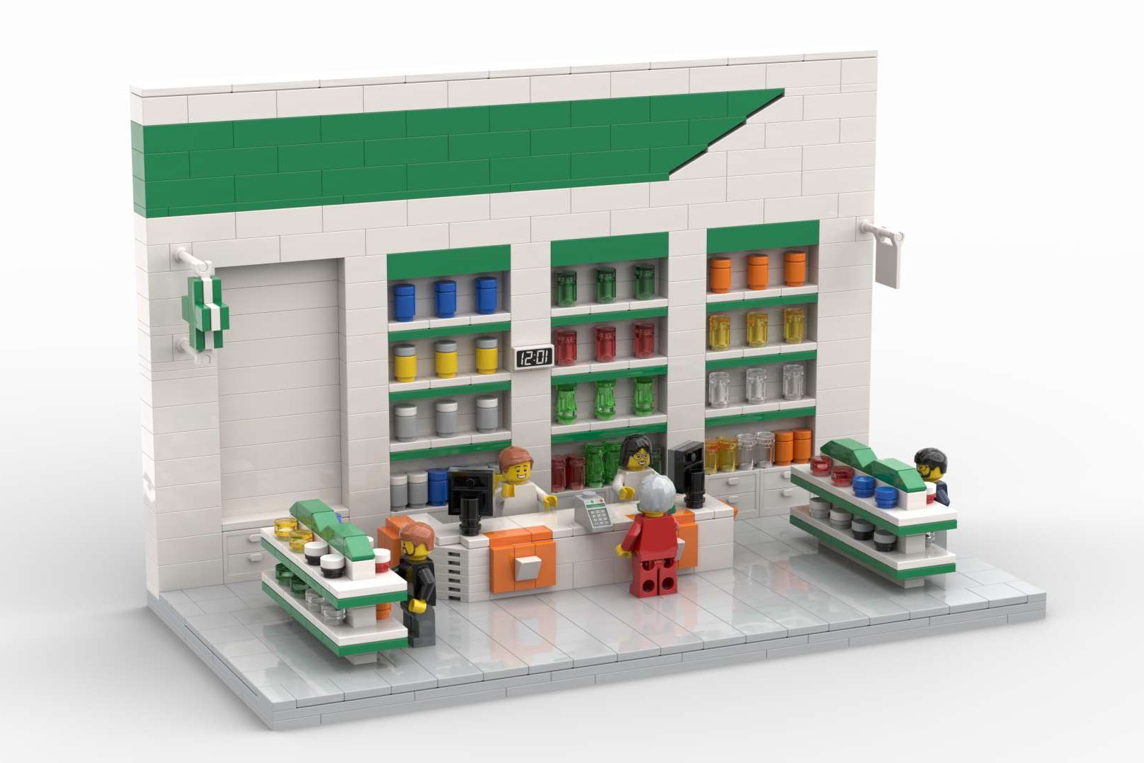 Farmacia MOC Lego Escenario de una tienda con estantes llenos de productos y figuras de LEGO.