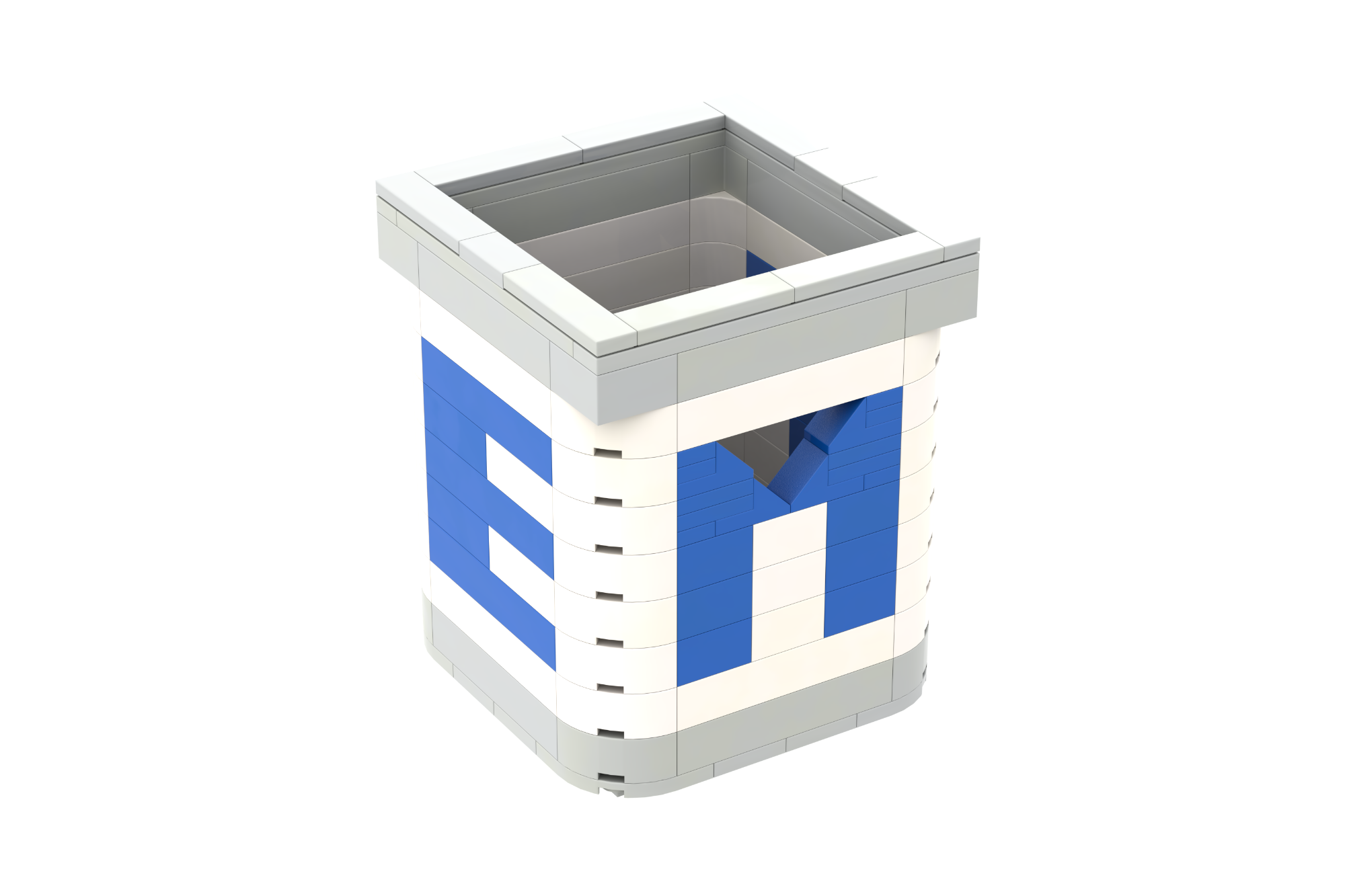 Cubo portabolígrafos EMT Madrid MOC Lego Papelera blanca y azul con la letra "E" en un lado.