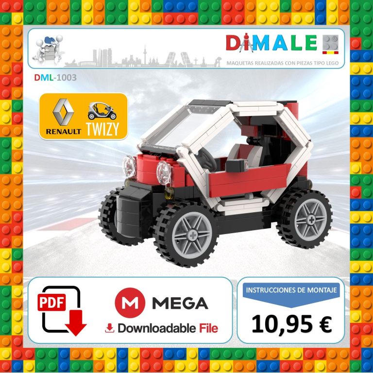 Coche de juguete de bloques, modelo Renault Twizy, con colores rojo y blanco.