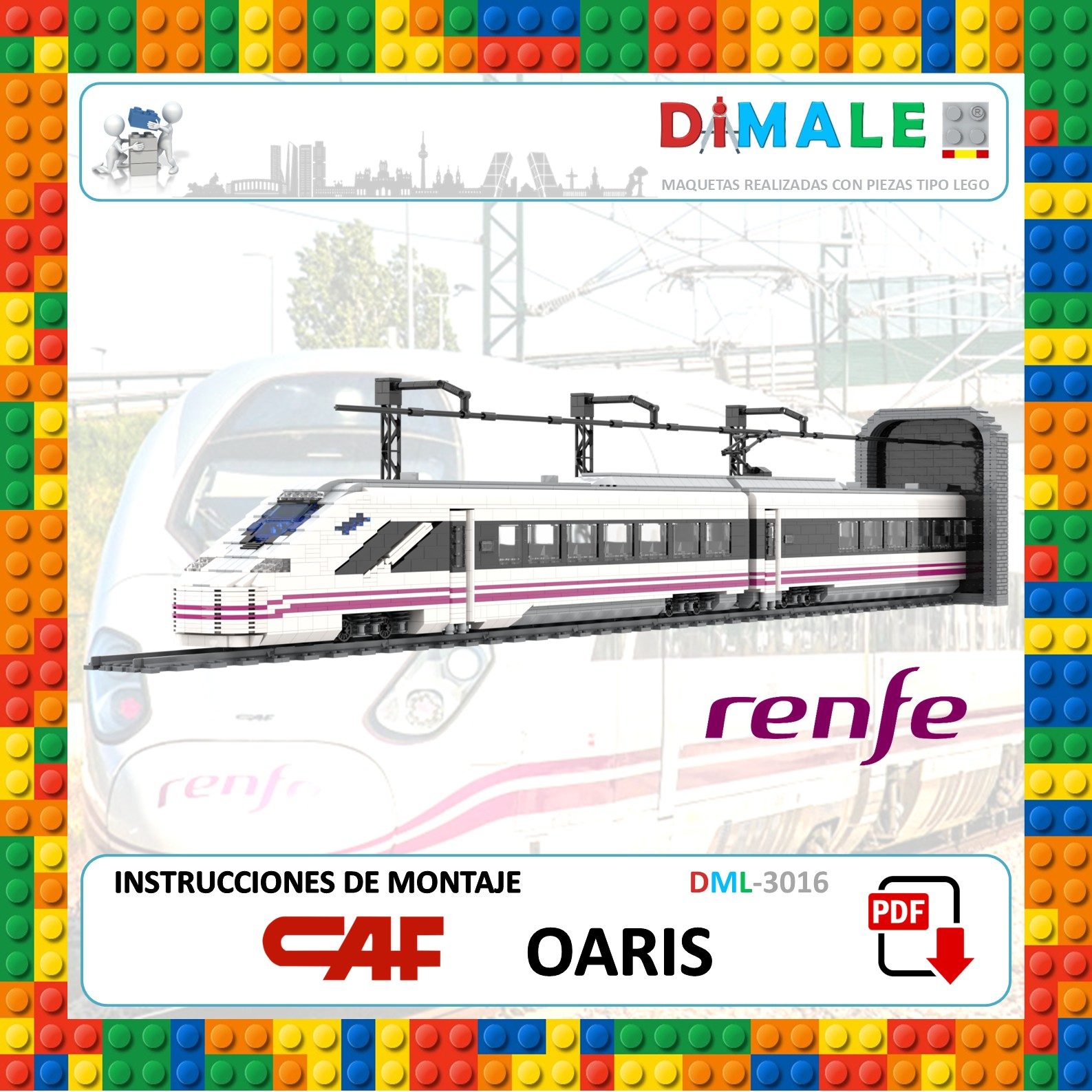 Instrucciones de montaje para el tren Oaris de Renfe, fondo de bloques de colores.