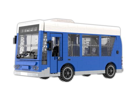 Tecnobús Gulliver U520 MOC Lego - Vista exterior Autobús de juguete azul con detalles en blanco y ventanales transparentes.