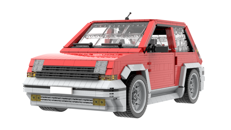 Coche rojo de estilo retro con detalles en blanco y llantas grises.