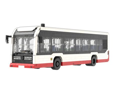 Mercedes Benz Ecitaro Hochbahn MOC Lego - Parte delantera Autobús Mercedes Ecitaro con carrocería blanca y detalles rojos, ventanillas oscuras.