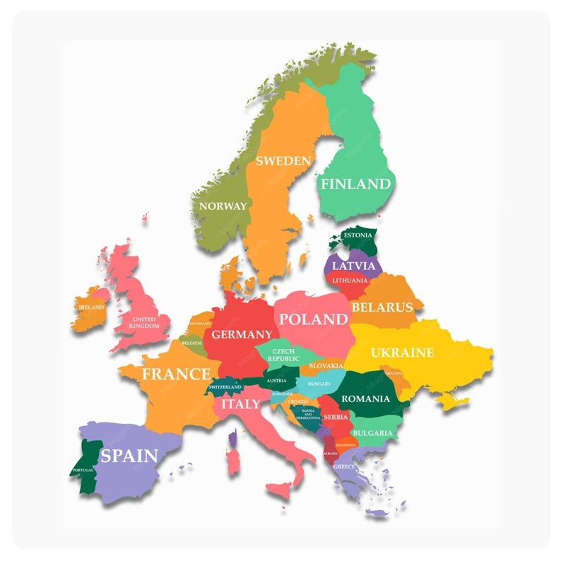 Envíos a Europa Mapa de Europa con países coloreados y sus nombres en inglés y español.