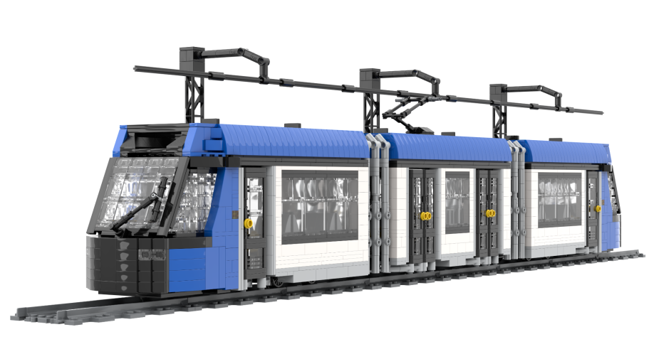 Tren urbano de tres vagones con colores azul y blanco, en rieles.