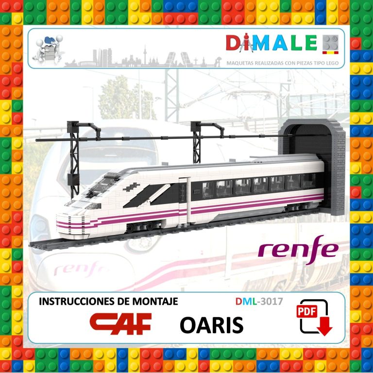 Modelo de tren de alta velocidad de Renfe en un fondo de bloques de colores.