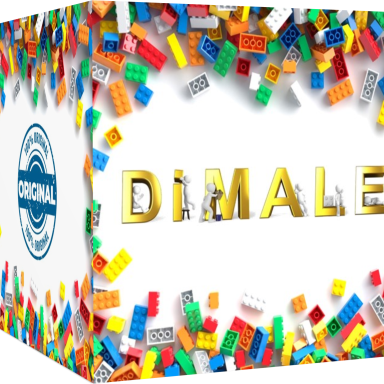 Caja con la palabra "DIMALE" en dorado rodeada de bloques de colores.