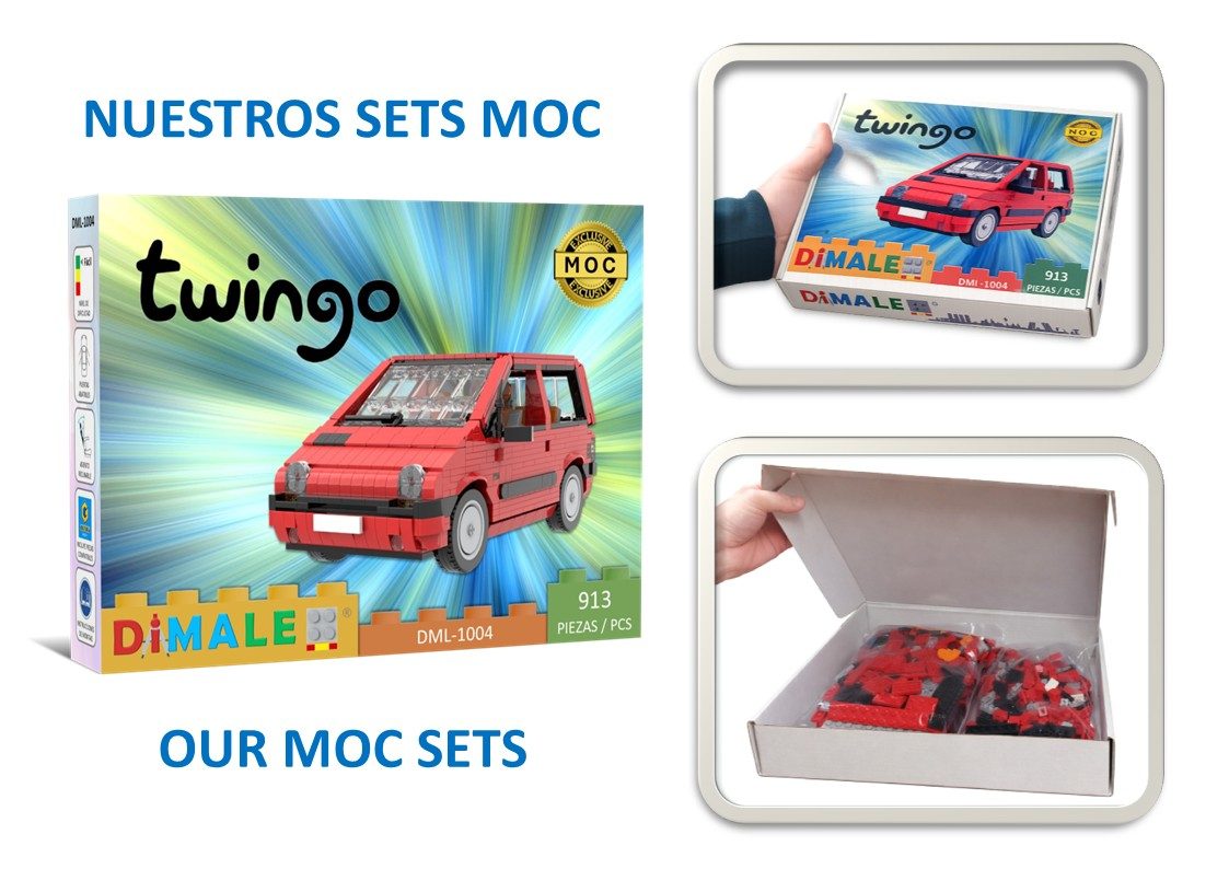 Caja de un set de construcción del coche Twingo, con piezas en su interior.