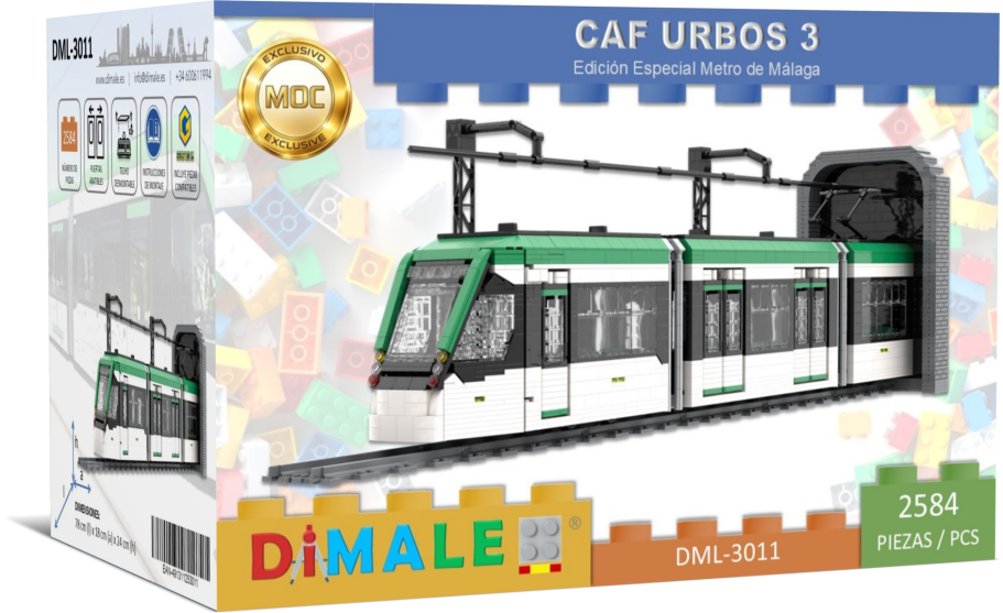 Tren CAF Urbos 3 Málaga juego construcción Lego MOC Tren CAF Urbos 3 en caja, modelo para ensamblar, colores verde y blanco.