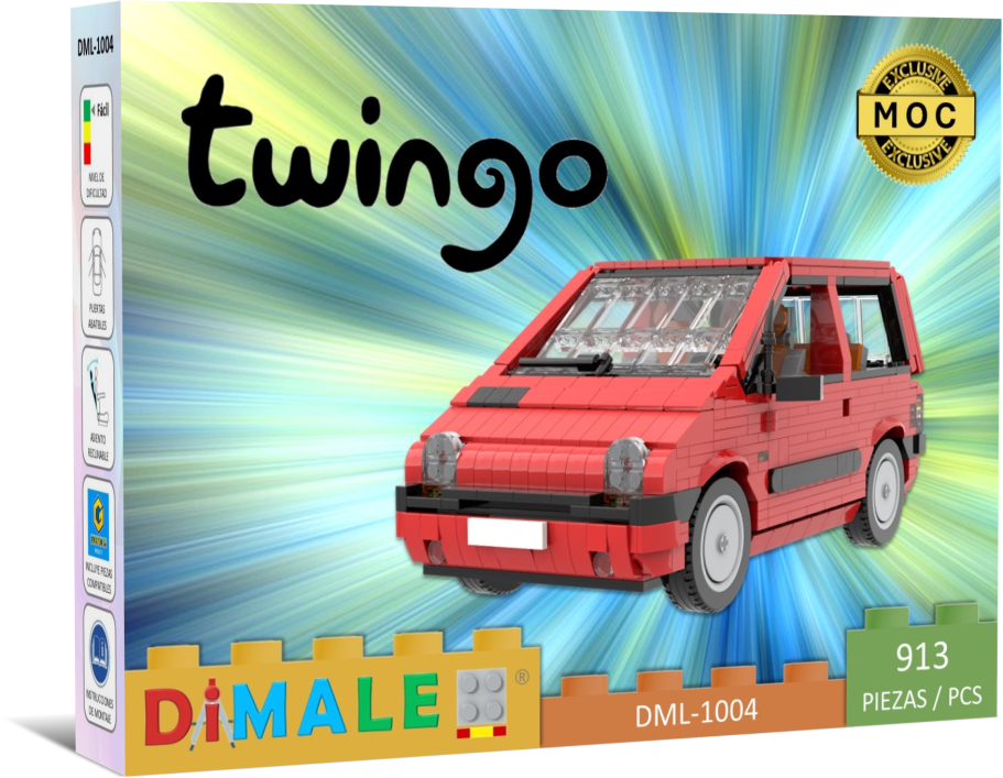 Renault Twingo juego construcción Lego MOC Modelo de coche rojo Twingo de bloques de construcción, con fondo colorido.