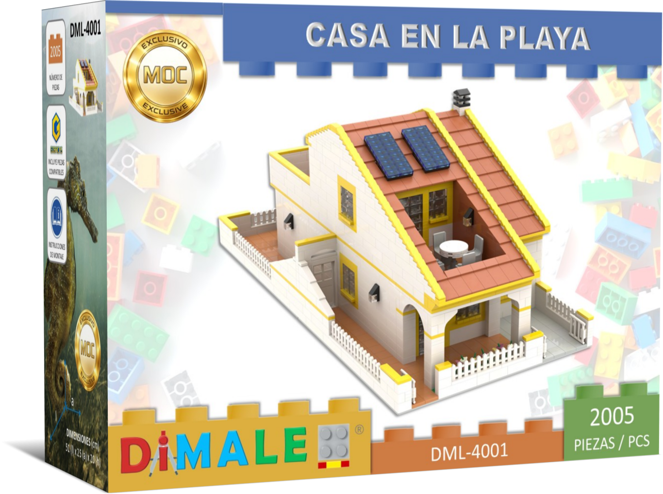 Casa en la playa MOC juego construcción Lego Caja de un set de construcción de una casa con paneles solares y un diseño colorido.