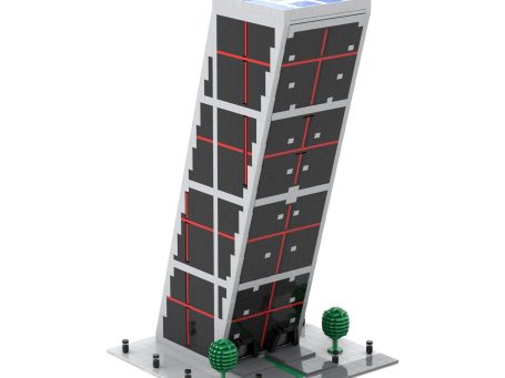 Edificio Puerta de Europa Kío (Madrid) MOC Lego - Vista exterior 1 Edificio inclinado con paneles solares y árboles alrededor.