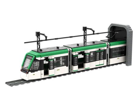 Tranvía Alstom Citadis S302 MLO Madrid MOC Lego - Puertas abiertas Tren de juguete de estilo moderno CAF Urbos 3 Málaga, con puertas abiertas.