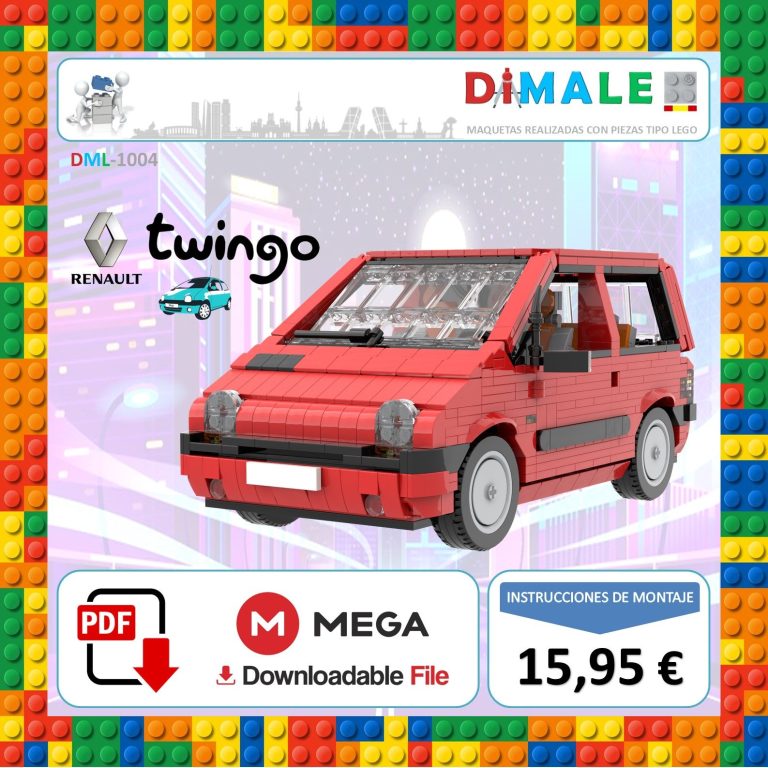 Maqueta de un coche Twingo en bloques de construcción, color rojo con detalles.