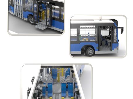 Mercedes Benz Citaro G MOC Lego - Vista leteral Autobús urbano azul con acceso para personas con movilidad reducida y detalles técnicos.