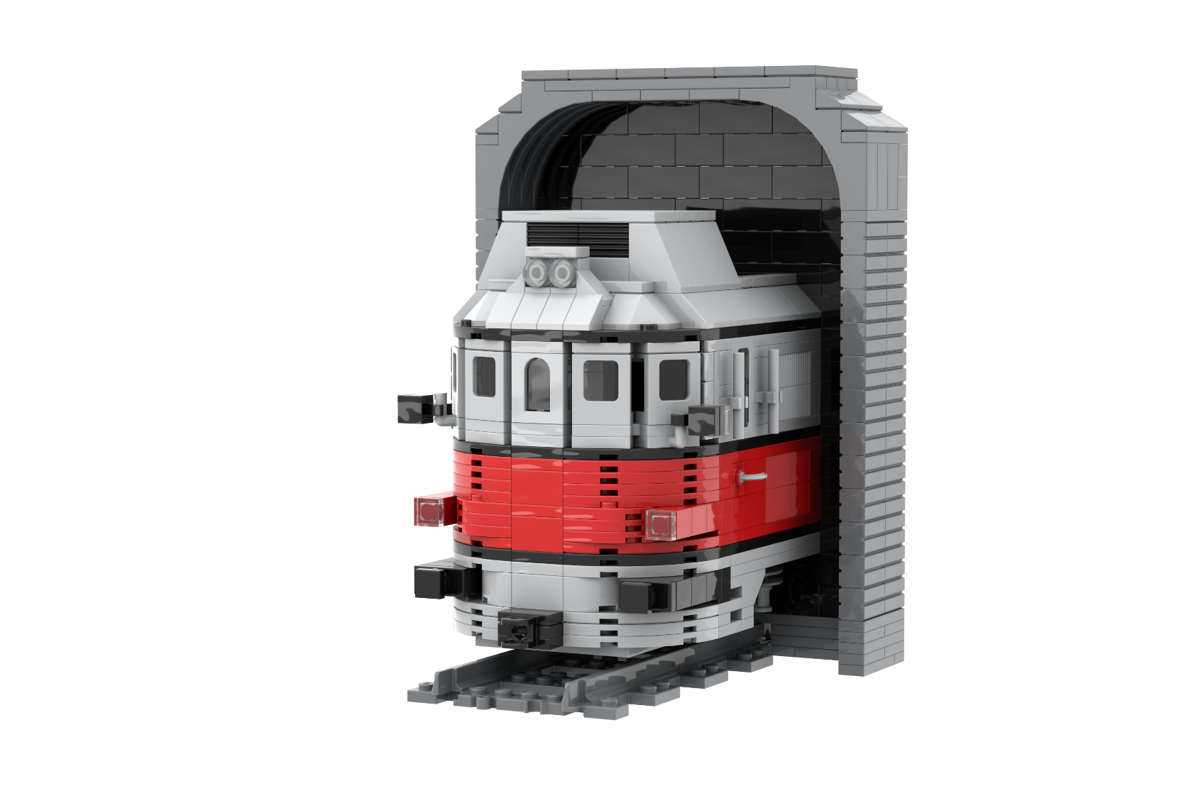 Locomotora Talgo III serie 101 MOC Lego Modelo de tren de juguete en un túnel, con detalles en rojo y gris.