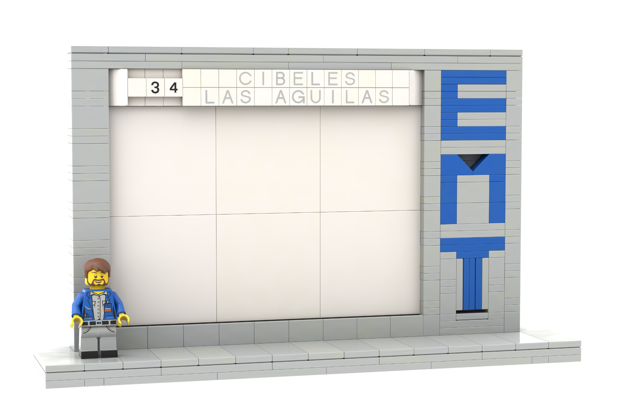 Marco para fotos 13x18 EMT Madrid MOC Lego Letrero de LEGO con la letra E, M, T y una figura de un hombre al lado.