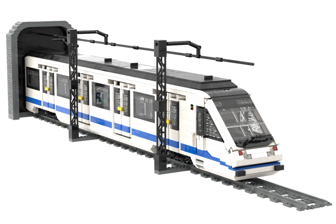 CAF serie 8000 (1 módulo) - III Tren LEGO de estilo moderno saliendo de un túnel.