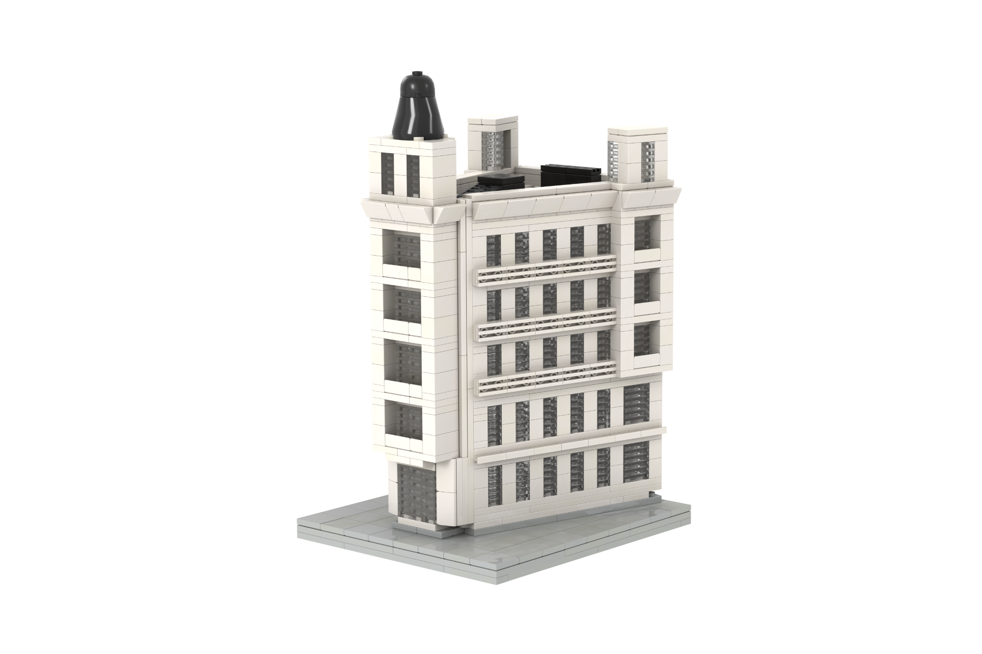 Edificio Abanca Madrid MOC Lego Edificio moderno de varios pisos con una azotea y detalles arquitectónicos en la parte superior.