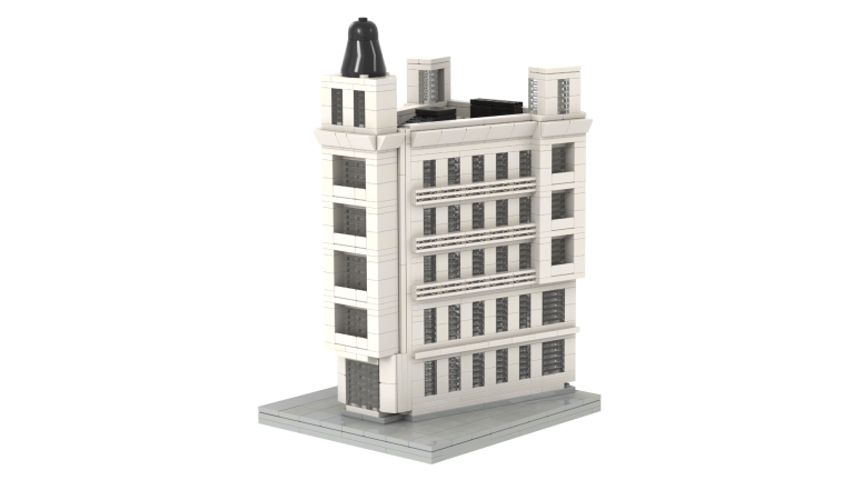 Edificio ABANCA Madrid MOC lego Edificio de estilo clásico con estructura de seis pisos y torre en la cima.