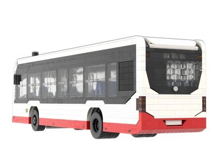 Autobús Mercedes Benz Ecitaro Hochbahn MOC Lego - Parte trasera Autobús urbano de diseño moderno, con carrocería blanca y detalles rojos.