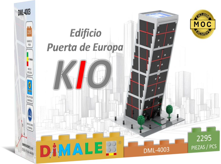 Maqueta del edificio Puerta de Europa KIO, diseñado con un estilo moderno y colorido.