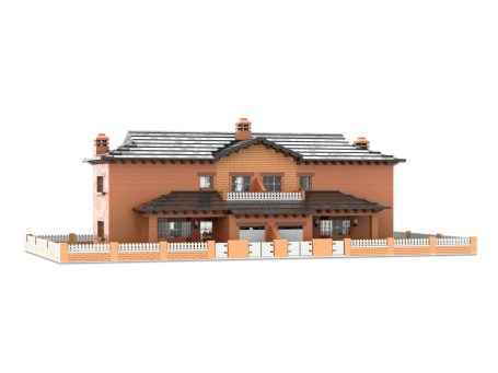 Casas en la montaña MOC Lego - Vista exterior 1 Casa de dos plantas con tejados a dos aguas y cercado naranja.