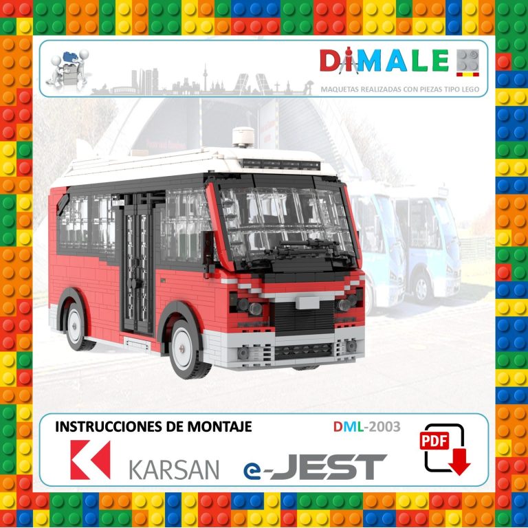 Autobús de juguete modelo Karsan e-JEST, diseño en rojo y negro, con instrucciones de montaje.