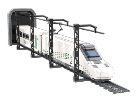 Tren Alta Velocidad Talgo 350 SRO AVRIL MOC Lego - Vista superior Tren de juguete en una estación con vías y un túnel.