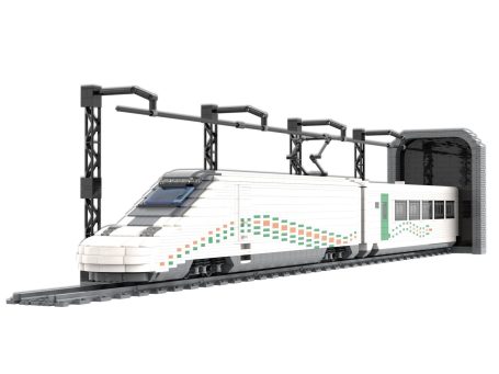 Tren Alta Velocidad Talgo 350 SRO AVRIL MOC Lego - Vista exterior Tren de alta velocidad blanco con detalles verdes, estacionado en un túnel.