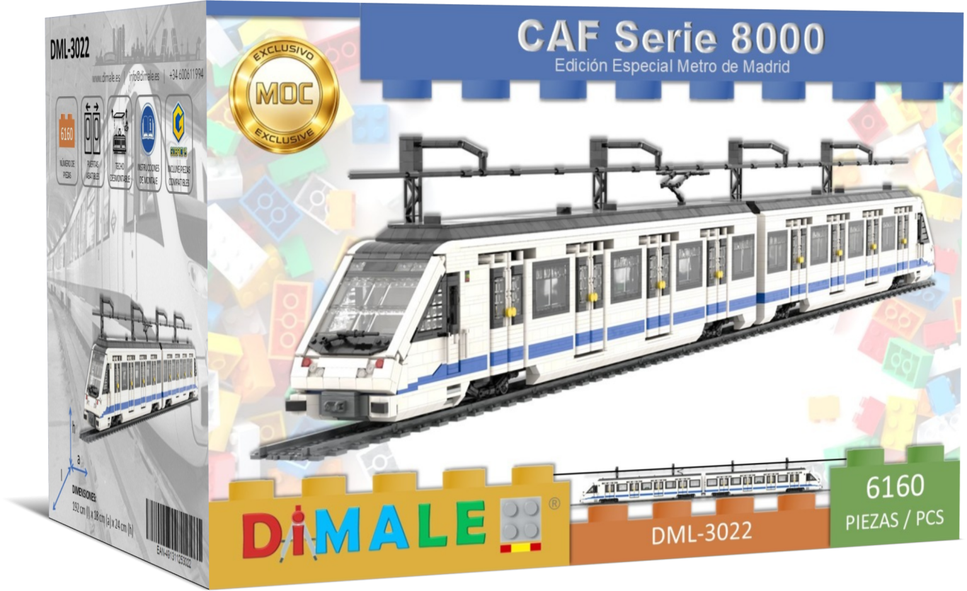 Tren modelo CAF Serie 8000 en caja, con detalles en color blanco y azul.