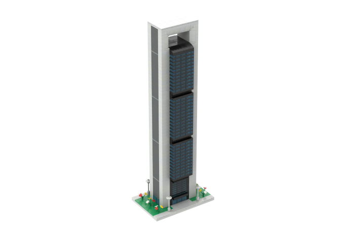 Edificio Fóster Cepsa Moeve - IV Estructura vertical con tres paneles oscuros y base verde con plantas.