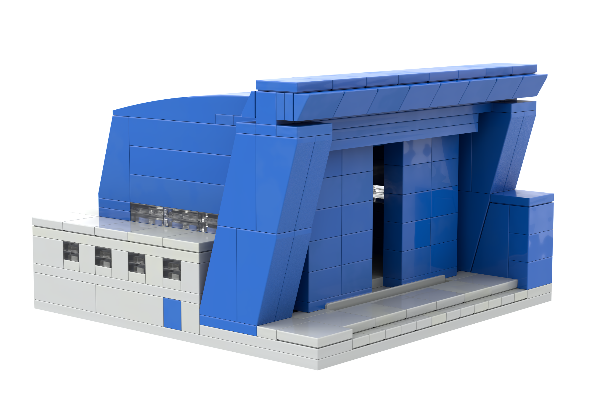 Hangar Aeropuerto Globalia MOC Lego Edificio de estilo moderno en colores azul y gris, con grandes puertas de acceso.