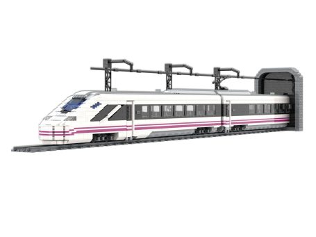 Tren Alta Velocidad CAF OARIS Renfe MOC Lego - Vista exterior Tren de alta velocidad blanco y rosa saliendo de un túnel.