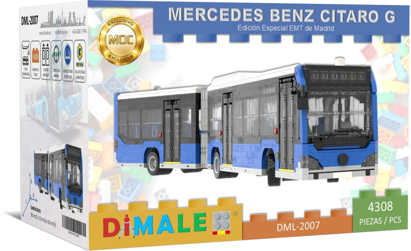 Autobús Articulado Mercedes Benz Citaro G NGT EMT Madrid MOC Lego Maqueta de un autobús Mercedes Benz Citaro G en caja de presentación.