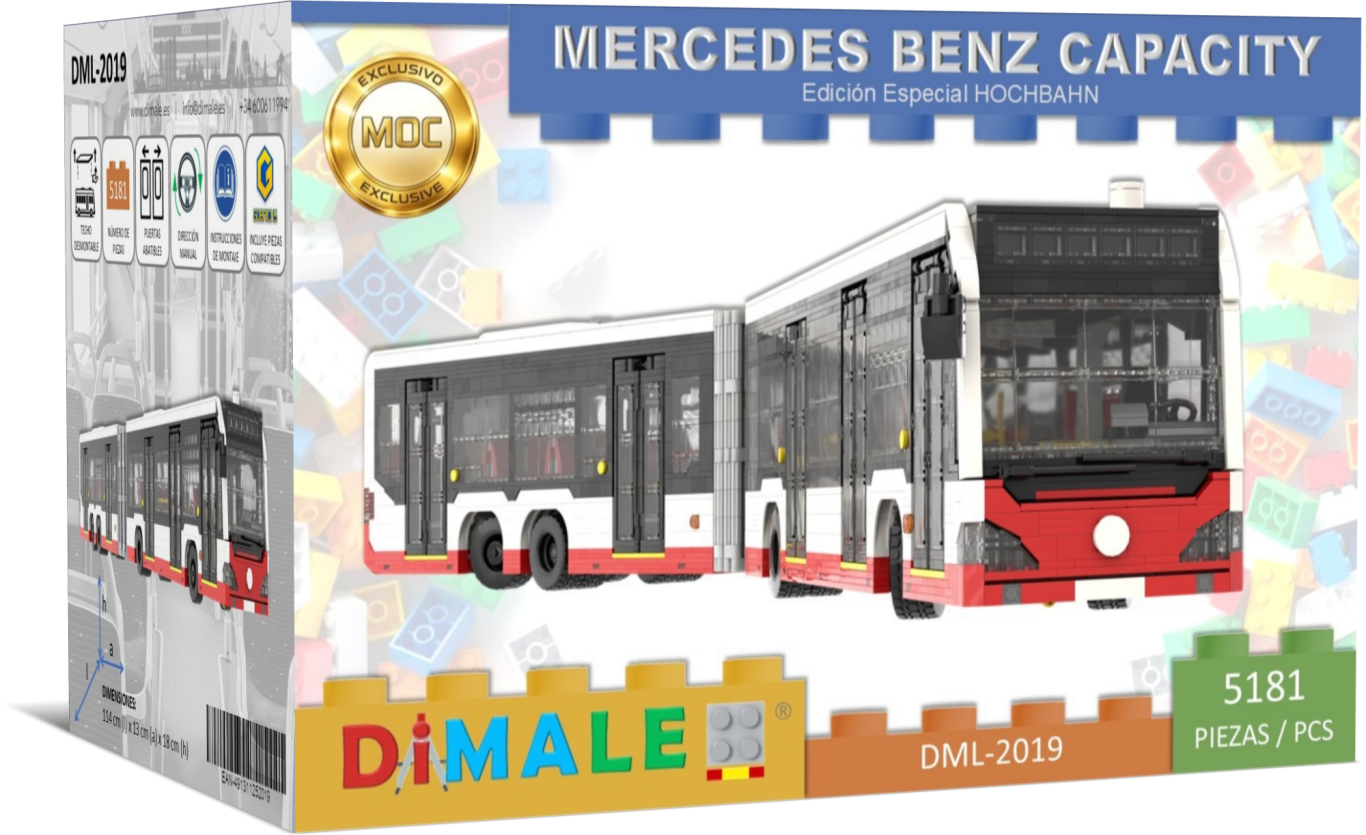 Autobús Articulado Mercedes Benz Capacity L MOC Lego Caja del juguete de construcción Mercedes Benz Capacity L, incluye un autobús articulado.