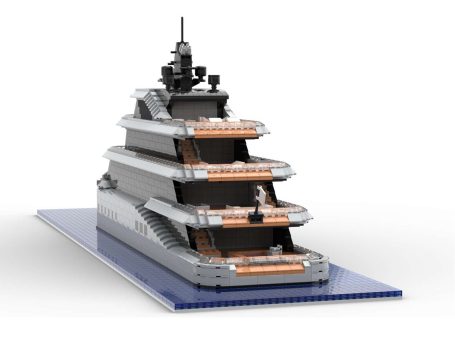 Yate moderno de lujo con tres niveles y estructura elegante en base rectangular.