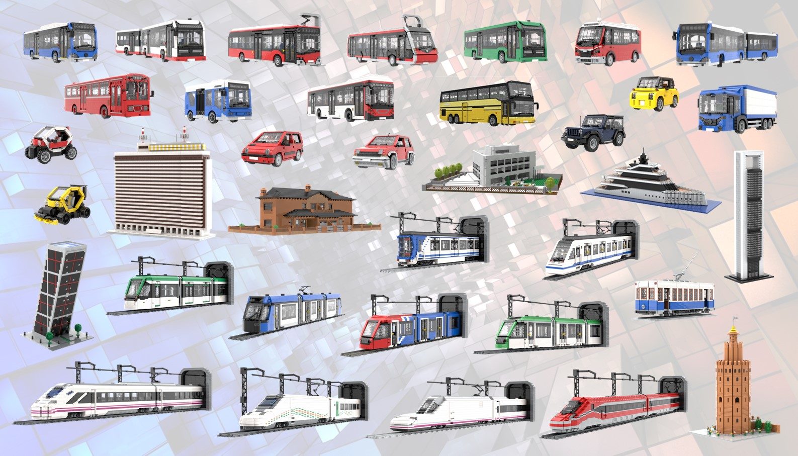 Nuestras maquetas y sets MOC lego Diversos vehículos de transporte, incluidos autobuses, coches y trenes, sobre un fondo abstracto.