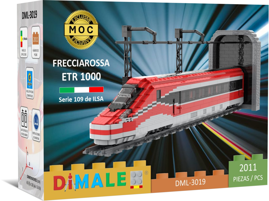 Sets MOC en stock realizados con piezas compatibles GOBRICKS Modelo de tren de juguete Frecciarossa ETR 3000 en su caja de presentación.