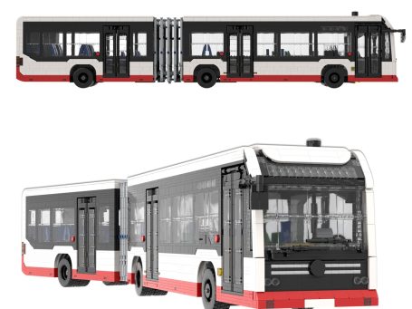 Mercedes Benz ECitaro G MOC Lego - Vista delantera y lateral Autobús articulado de diseño moderno, con colores blanco y rojo, vista lateral y frontal.
