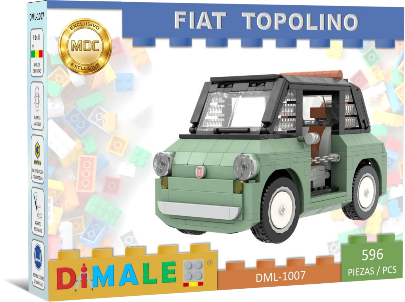 Coche Fiat Topolino Dolce Vita MOC Lego Modelo de LEGO de un Fiat Topolino en color verde, con detalles en blanco y marrón.