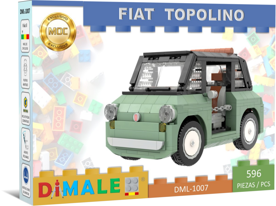 Fiat Topolino Dolce Vita juego construcción Lego MOC Modelo de coche Fiat Topolino de bloques de construcción, en colores verde y blanco.
