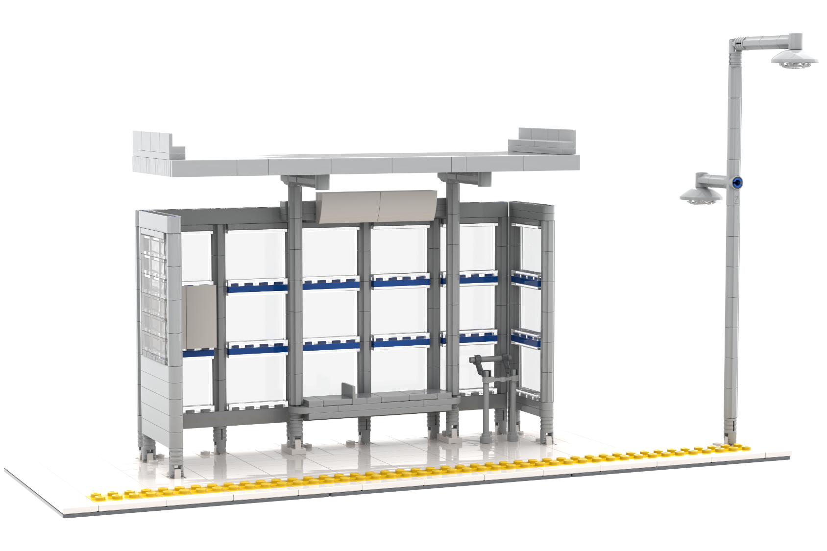 Marquesina Cemusa JDecaux Parada Autobús MOC Lego Parada de autobús moderna con estructura de metal y paneles transparentes.