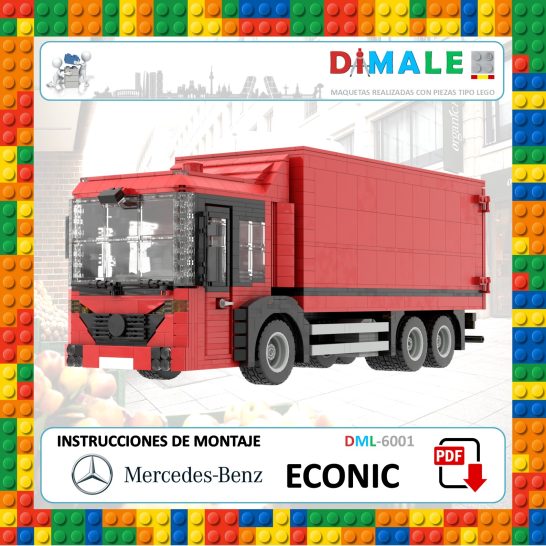 Camión de juguete rojo Mercedes Benz Econic con instrucciones de montaje de LEGO.
