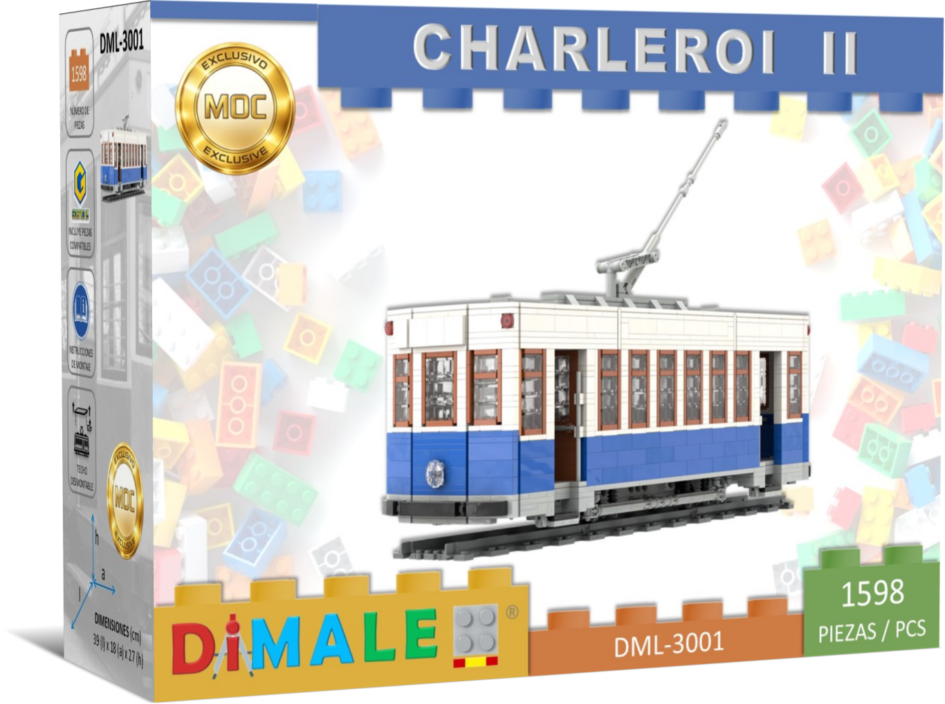 Tranvía Charleroi II 1972 Madrid MOC Lego Maqueta de tranvía Charleroi II, con detalles en azul y blanco, fabricada por DIMALE.