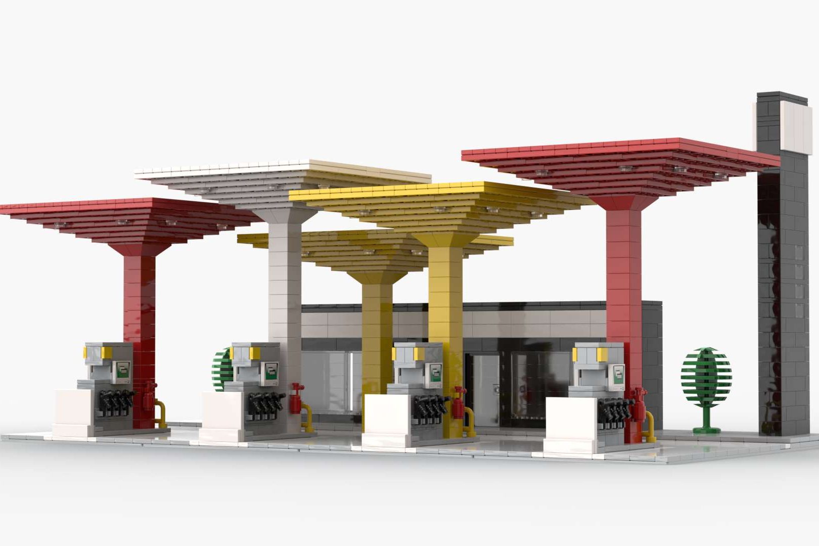 Estación de servicio gasolinera MOC Lego Estación de servicio con cuatro dispensadores de combustible bajo techos coloridos.