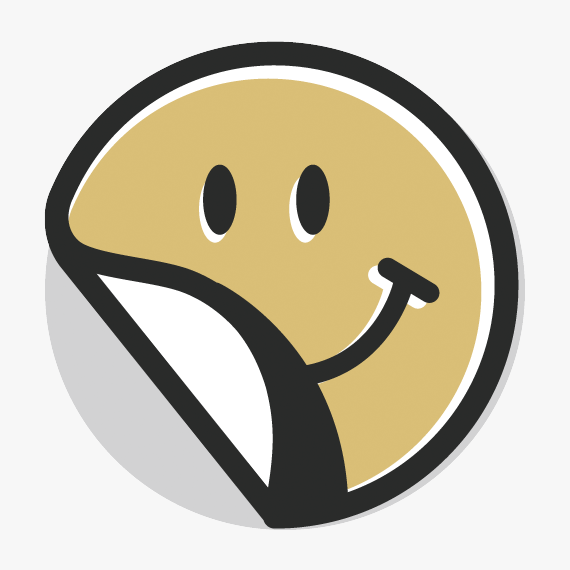 Icono circular amarillo con una cara sonriente y una esquina doblada.