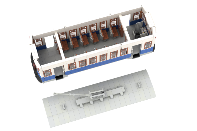 Charleroi II Madrid - III Modelo 3D de un tranvía desarmado con asientos visibles y base de estación.