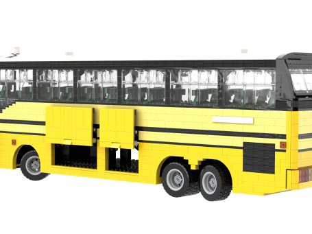 Sunsundegui Vardino Volvo Continental-Auto MOC Lego - Compartimentos de maletas Autobús amarillo con ventanillas y puertas traseras, diseño moderno.